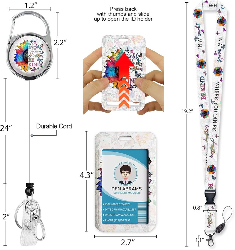 Piefly Lanyards for Id Badges, Positive Inspiration Be Kind Sunflower Badge Holder with Retractable Reel Clip, Work Name Tag Keychain Lanyard Vertical ID Card Protector for Women Nurse Doctor Teacher - Image 5